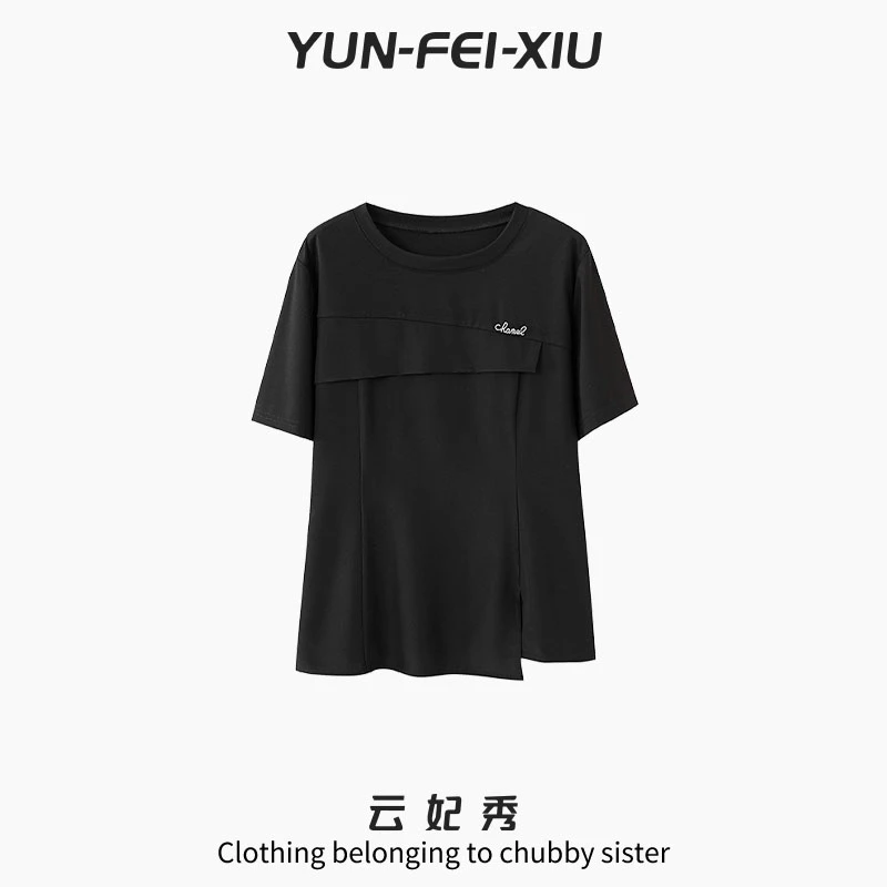 云妃秀大码女装T恤休闲时尚胖妹妹宽松韩版显瘦百搭上衣夏季2246
