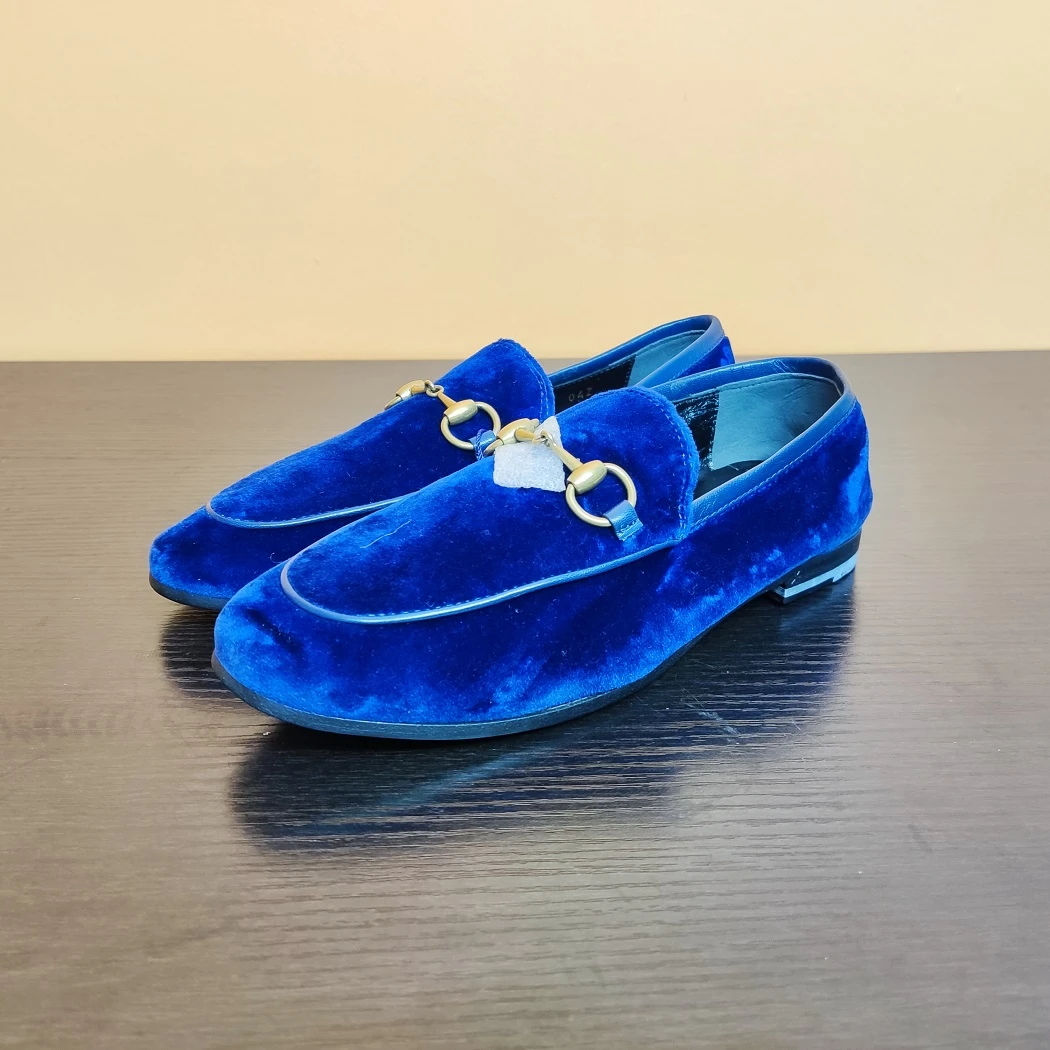 95新 GUCCI/古驰 小花Jerry活动乐福鞋 马衔扣 蓝色 天鹅绒34.5码
