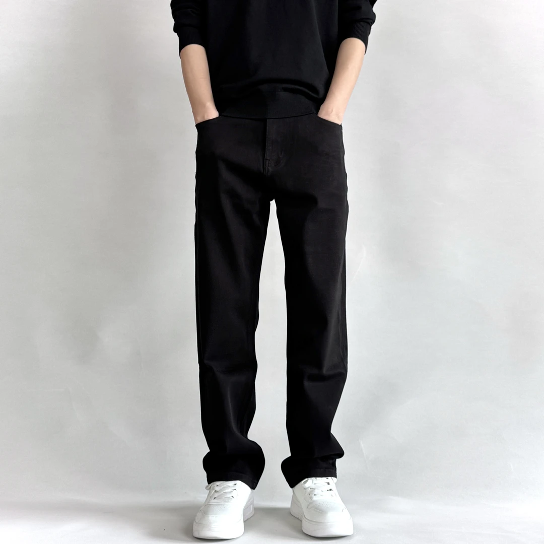 【宽松直筒】四面弹力秋冬加厚防褪色纯黑牛仔裤男简约大气宽松显瘦