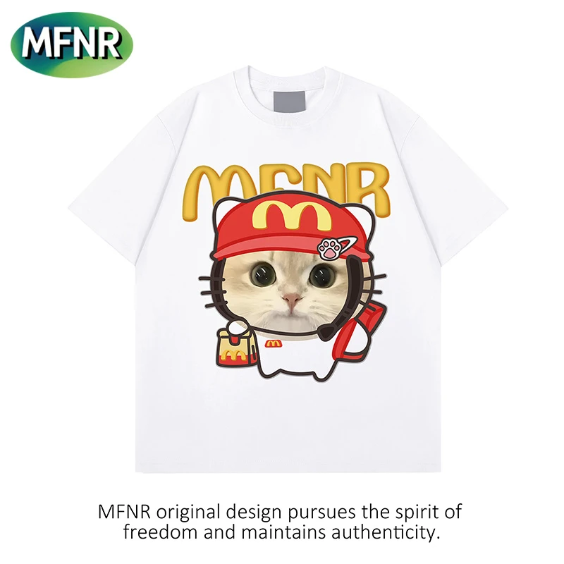 美式街头设计感趣味ins小猫印花重磅纯棉短袖男女夏季新款T恤上衣