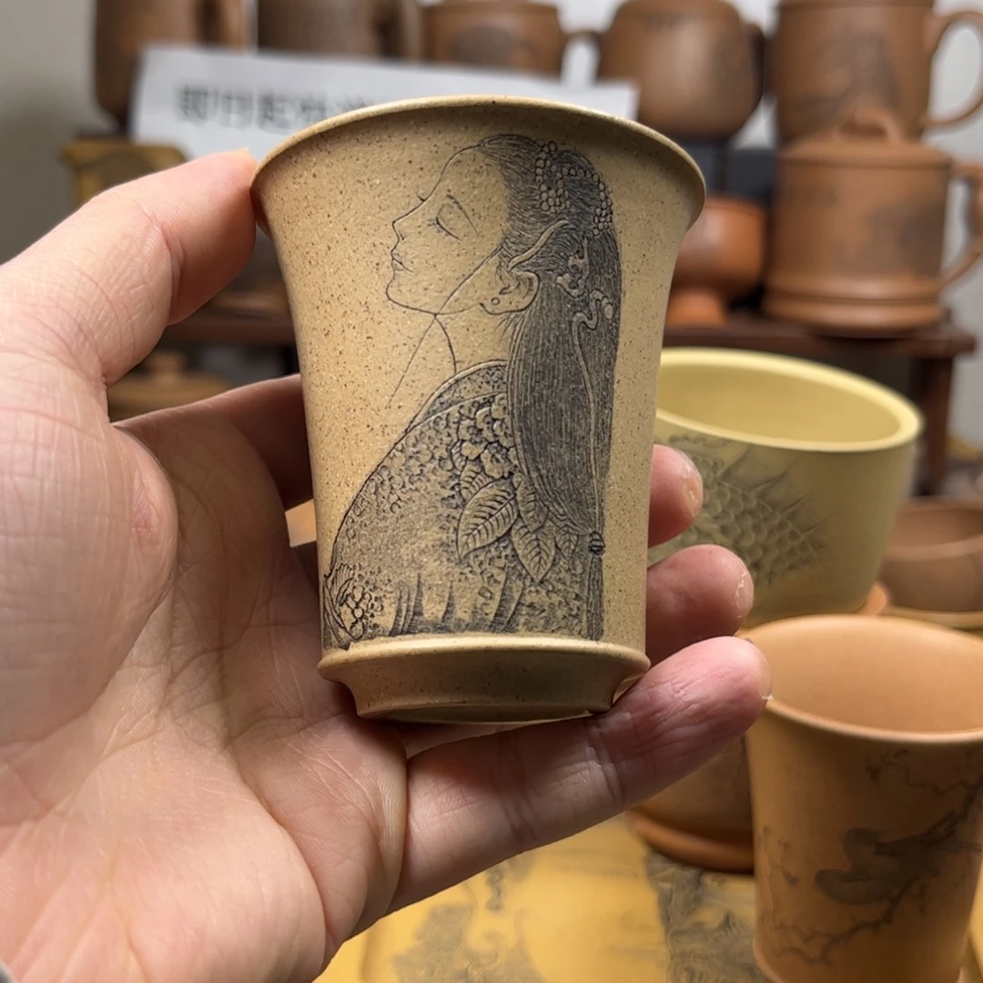 紫砂杯子夏****?微瑕疵无锦盒人物刻绘紫砂主人杯