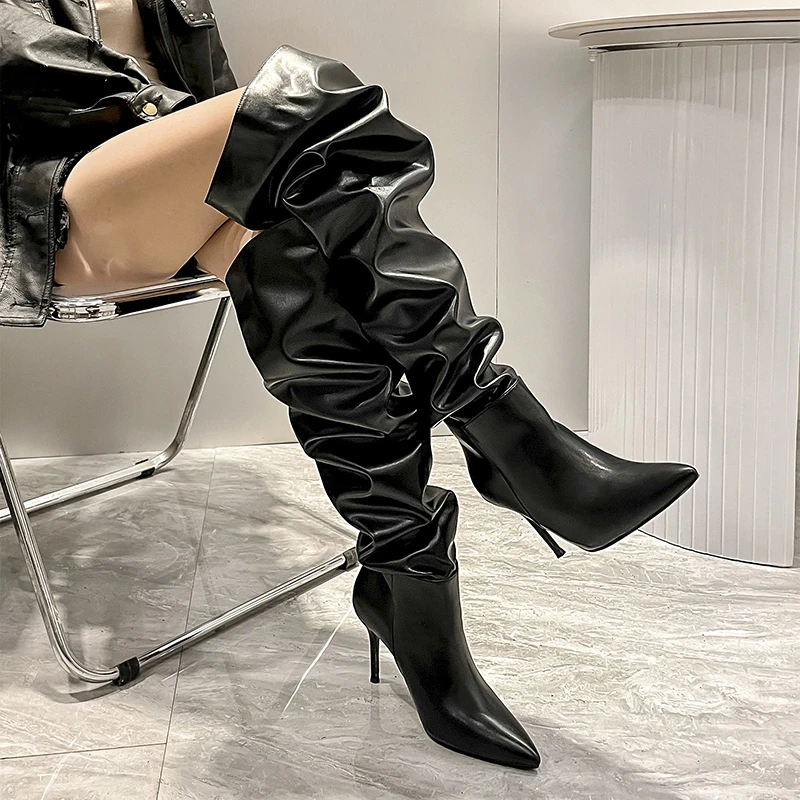 长靴女大筒围黑色高跟欧美风高筒靴子2025年冬尖头细跟骑士堆堆靴