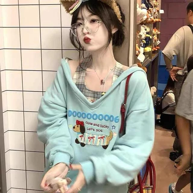 卫衣两件套秋冬挂脖格子吊带V领加绒加厚重工刺绣腊肠狗上衣外套