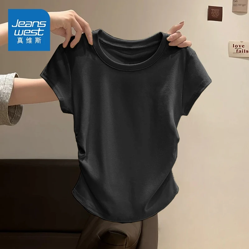 真维斯百搭正肩短袖T恤女夏季2025新款圆领小飞袖抽褶收腰上衣X