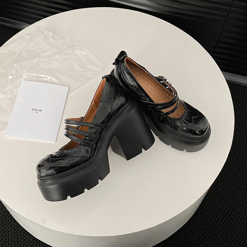 单鞋女皮带扣金色百搭玛丽珍鞋12cm超高跟粗跟厚底浅口春夏小皮鞋