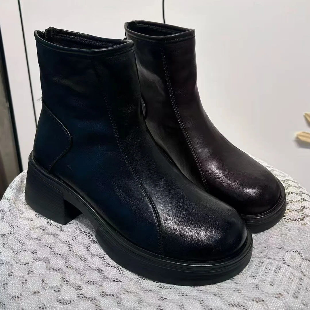 8098#L 英伦风圆头加绒短靴粗跟瘦瘦靴增高显瘦时尚舒适