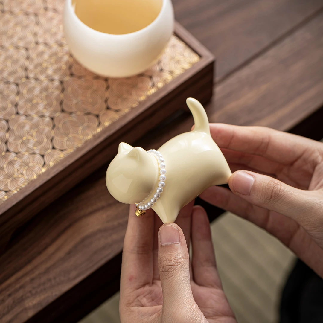 汤大壮【喵了个咪】奶黄色精致猫咪茶宠摆件