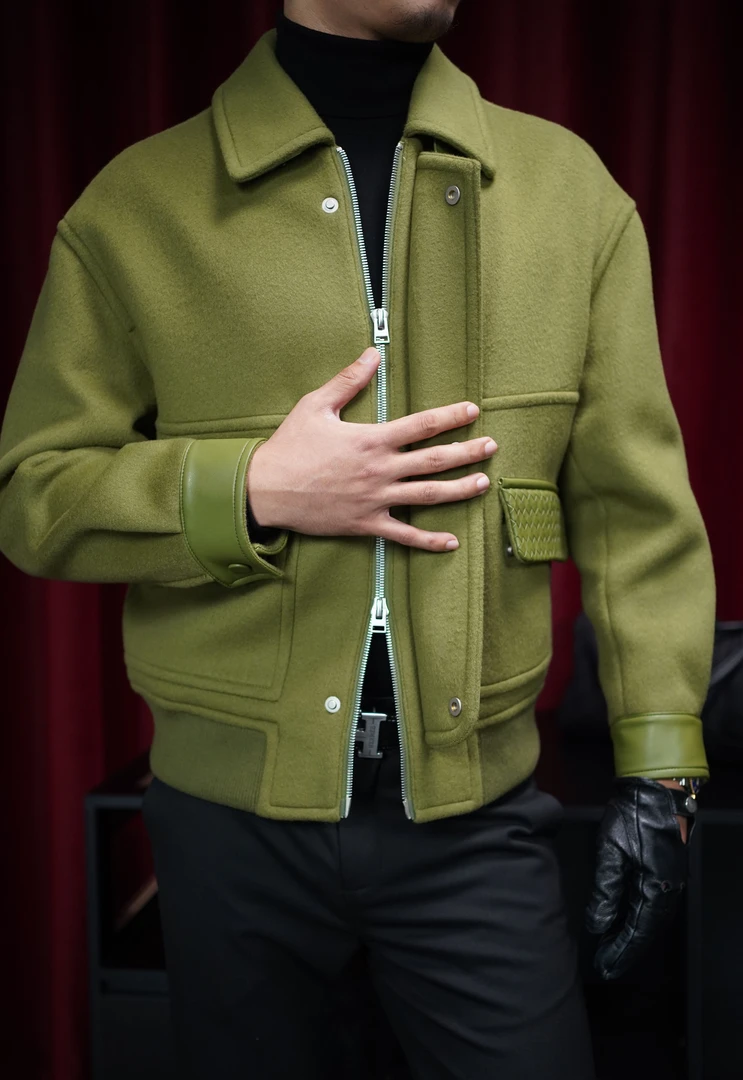 Black White两穿翻领口袋拼皮编制夹克外套长袖厚款秋冬百搭时尚