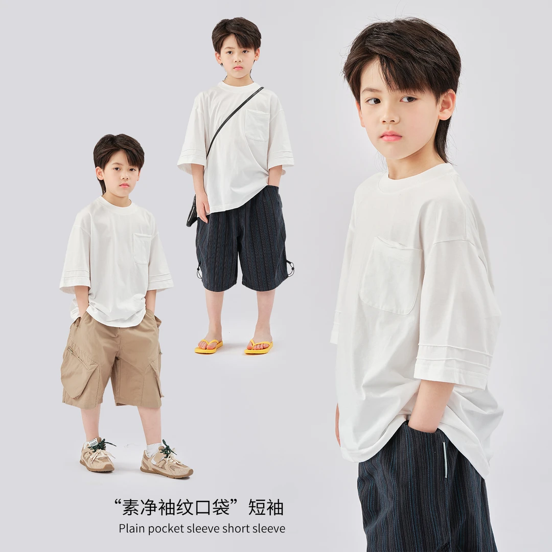 MT原创童装日系男童素净袖纹口袋短袖t恤夏季新款白色半袖中大童