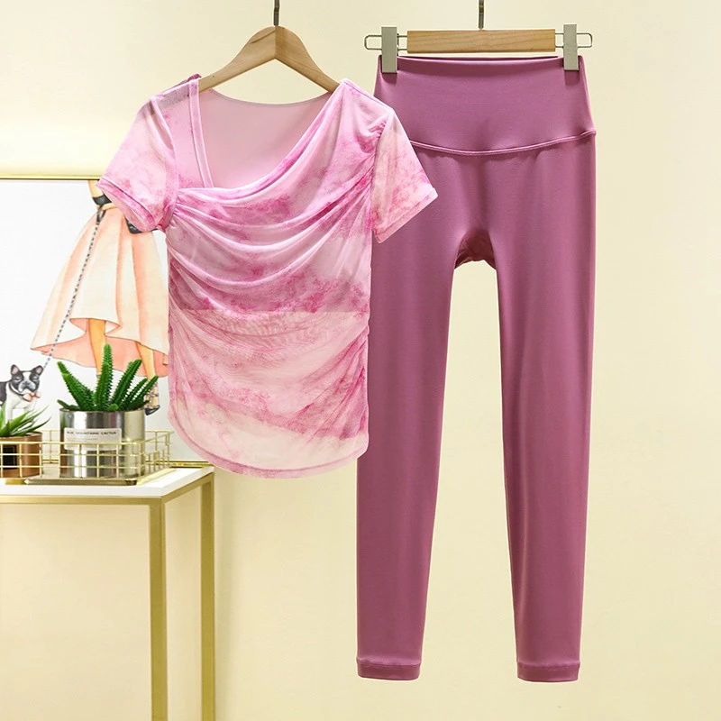 绝美印花瑜伽服套装女夏季薄款2025新款高级感运动短袖健身服上衣