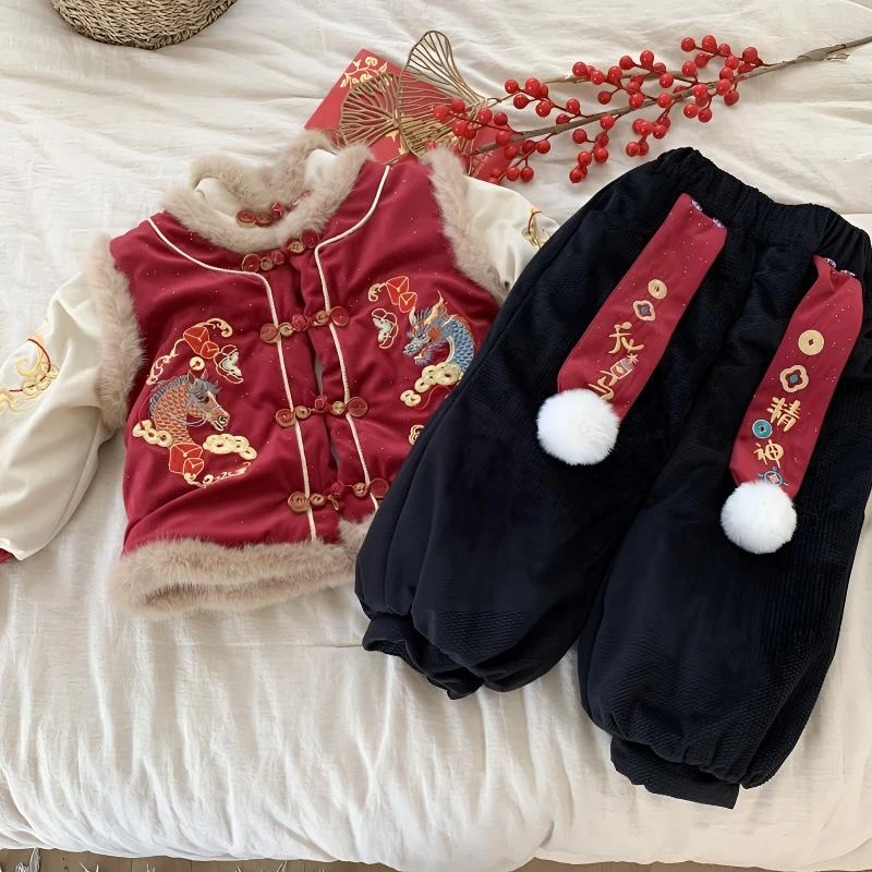 拜年服男童汉服中国风套装周岁服儿童新年装小男孩元旦喜庆演出服