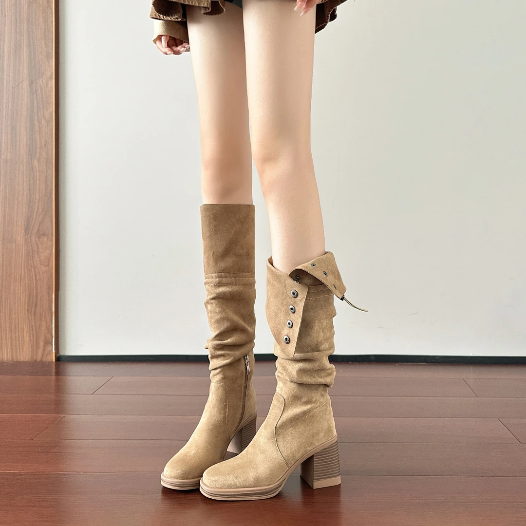 小个子美拉德新款长靴两穿褶皱堆堆靴粗跟骑士靴网红靴子女高筒靴