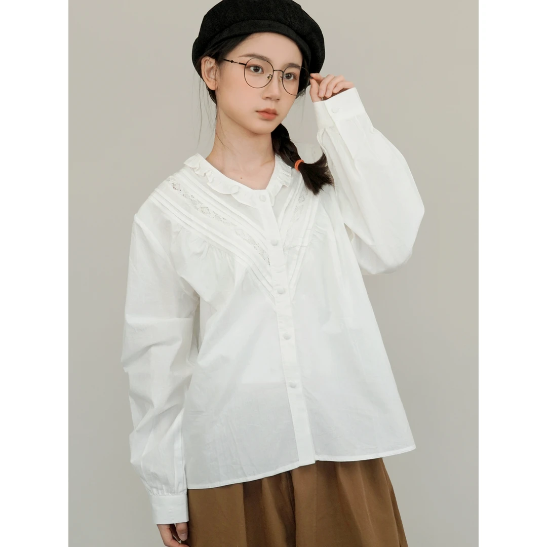 2025春季法式气质小清新文艺V领重工花边白色长袖衬衫上衣女装