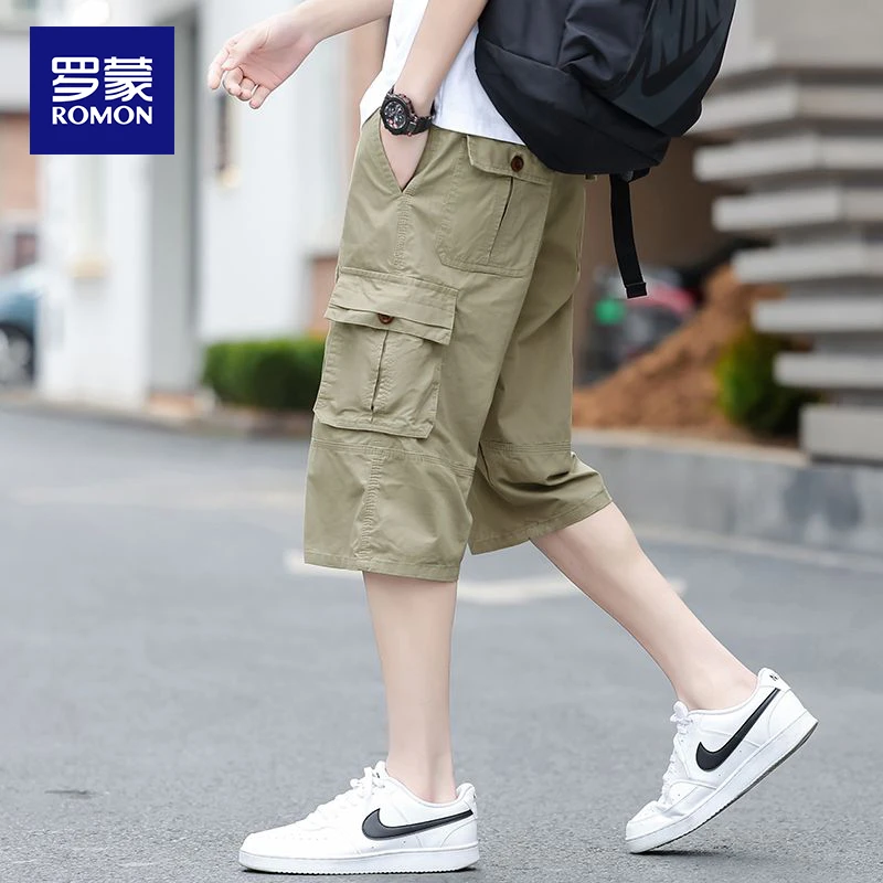 罗蒙七分裤男士2025夏季宽松薄款工装裤休闲短裤直筒全松紧腰中裤
