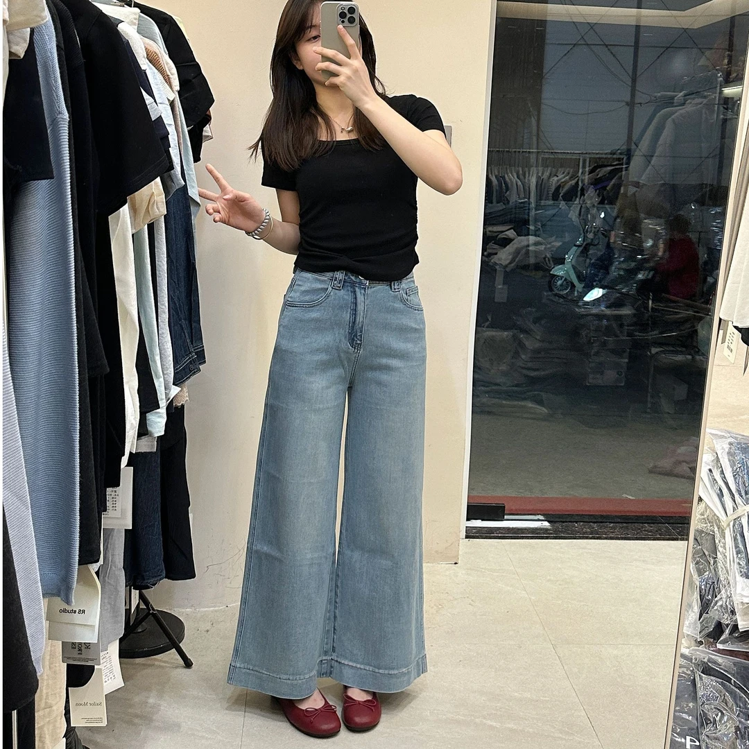 浅蓝色微弹牛仔直筒阔腿裤（穿到140斤裤长98以上）