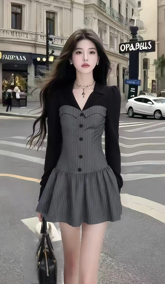 秋季韩版拼接撞色V领长袖修身收腰条纹单排扣连衣裙女高级感裙子