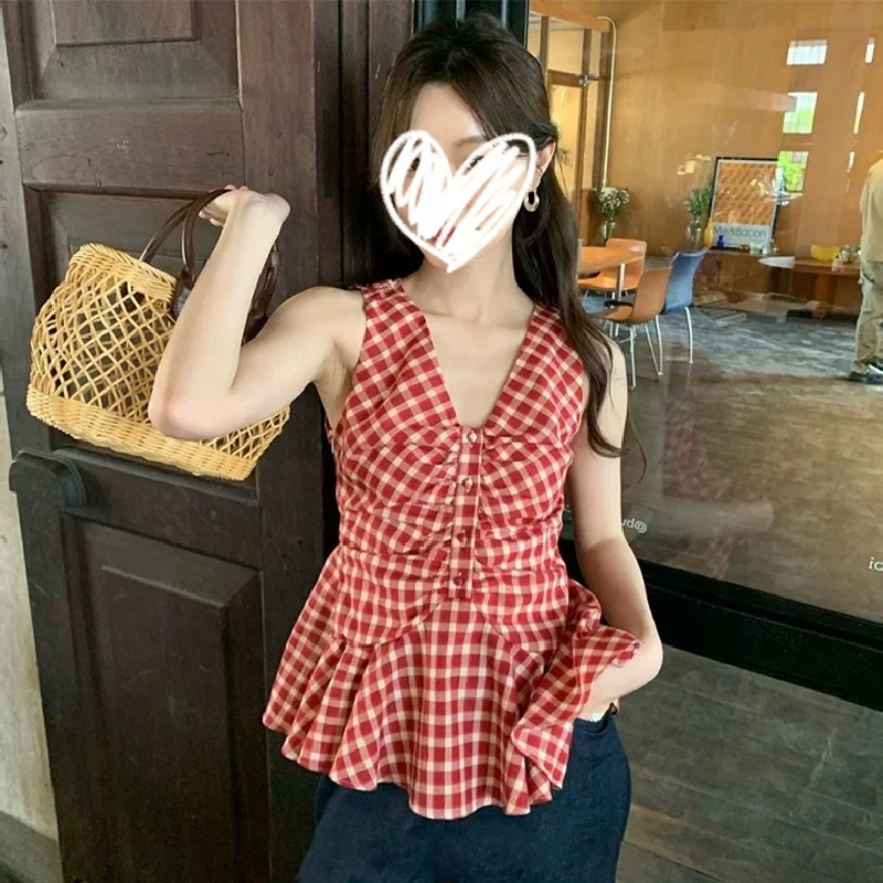 甜美可爱风格衣服格子V领吊带背心女装夏季修身显瘦独特漂亮上衣