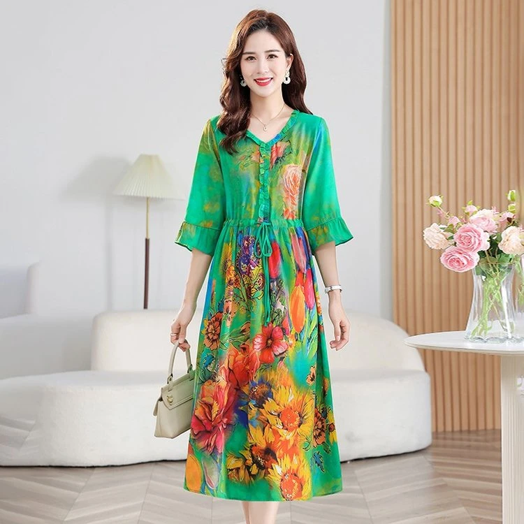 2025春夏新款时尚洋气双绉丝印花收腰显瘦中袖连衣裙