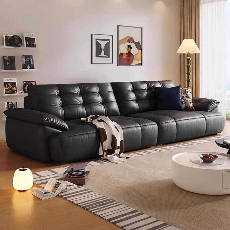 真皮沙发意式极简现代头层牛皮小户型客厅黑色复古直排黑糖波波