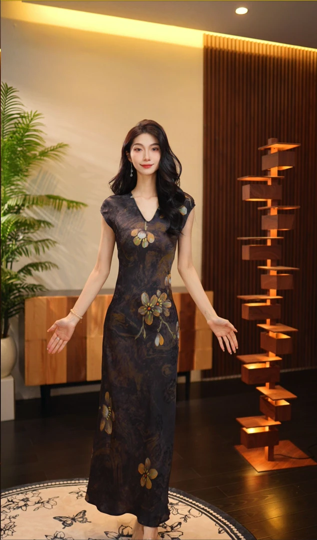 IONOY-【墨池香云纱】G463法式裙禁机洗高端线气质印花时尚"星星