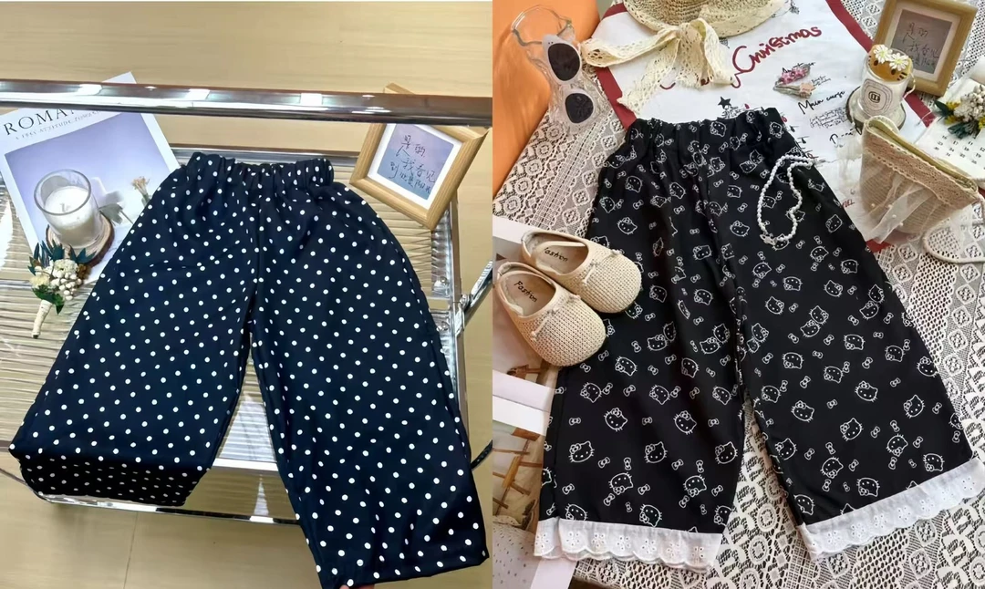 【亲子款】夏季百搭女童卡通满印直筒裤宽松韩版蕾丝边女童长裤