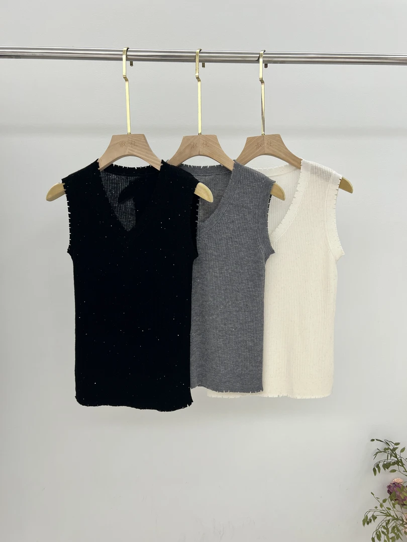 2025夏季新款百分百水溶羊毛修身型V领无袖背心时尚百搭休闲女装