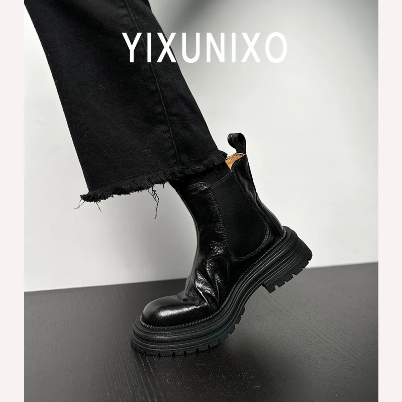 羊皮版~烟筒弹力马丁短靴女英伦圆头粗跟小个子厚底增高切尔西靴