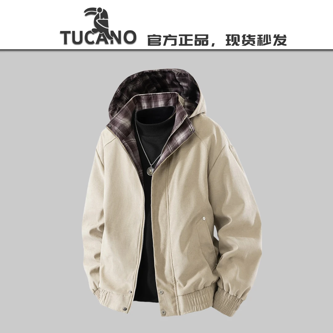 啄木鸟【官方】新款美式复古格纹连帽外套男青年春季假两件夹克上衣