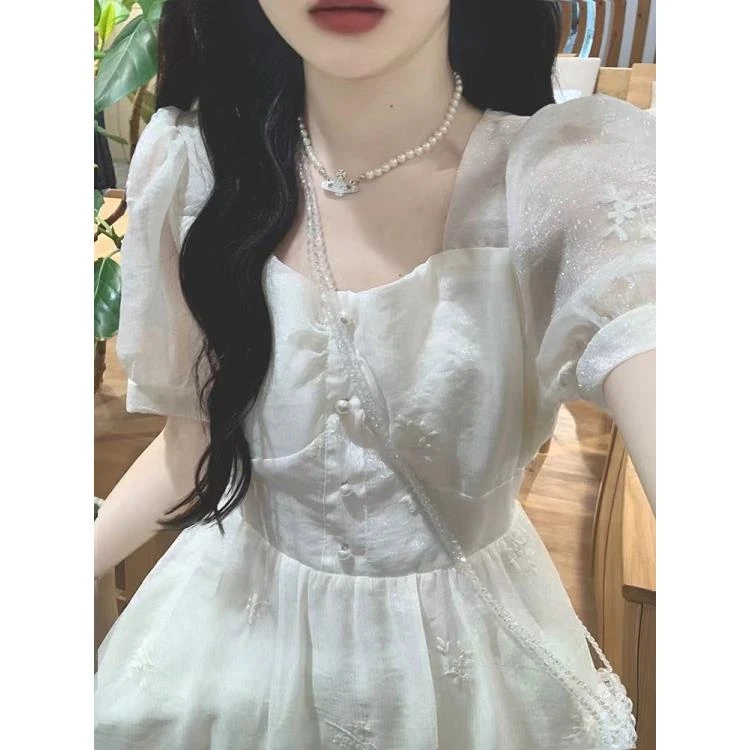 苏陌清高品质舒服百搭刺绣小个子法式长裙女显瘦显高气质连衣裙