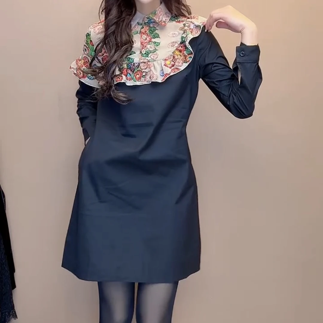 2025早春新款欧货新款衬衫领拼接连衣裙百搭时尚长袖气质显瘦