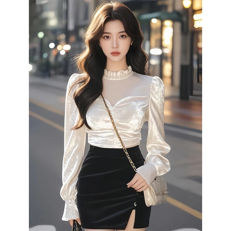 丝绒长袖衬衫春秋季女2025新款流行小设计小衬衫高端法式独特上衣