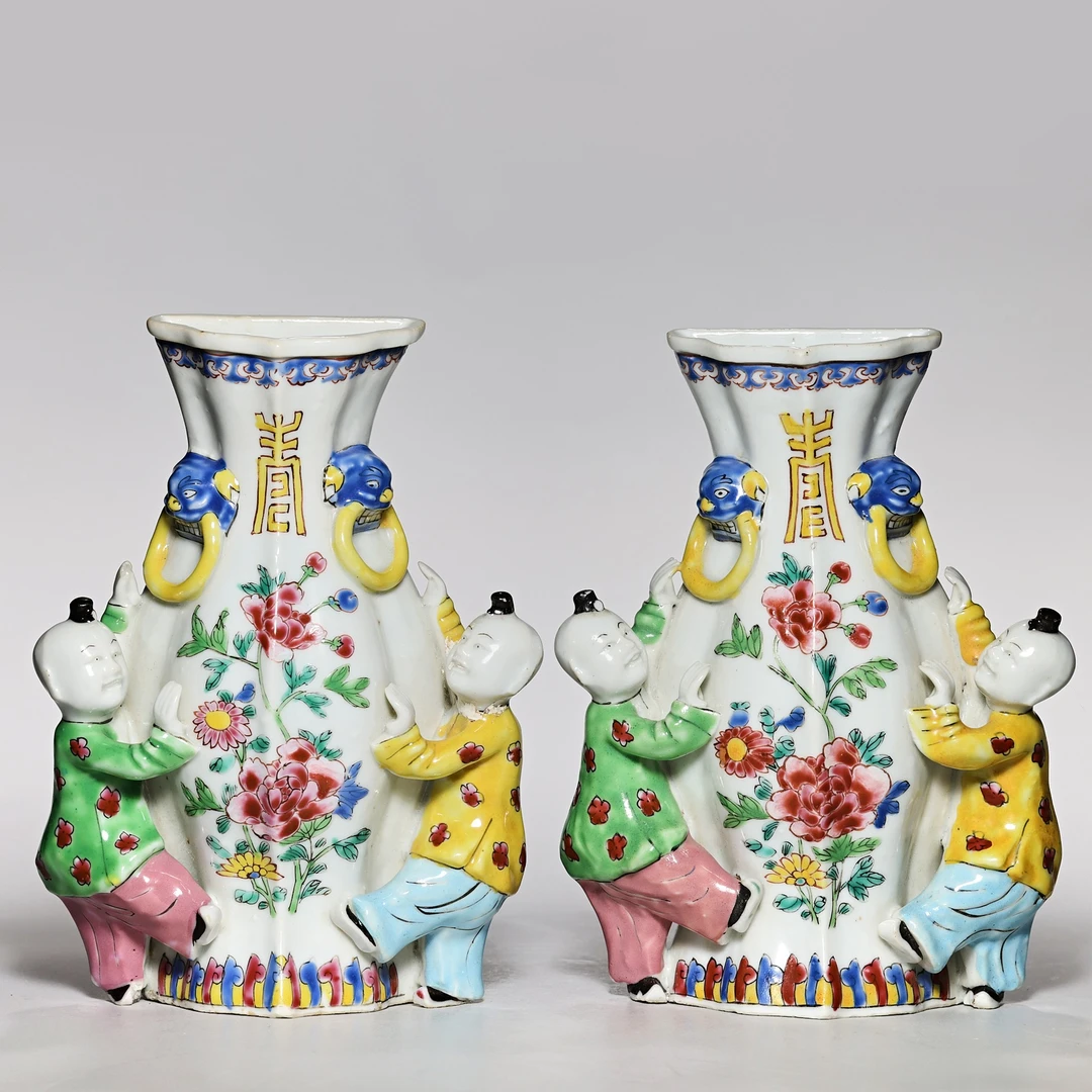 【预展专用】3704清雍正·粉彩花卉寿字纹童子壁瓶一对【古董拍卖】