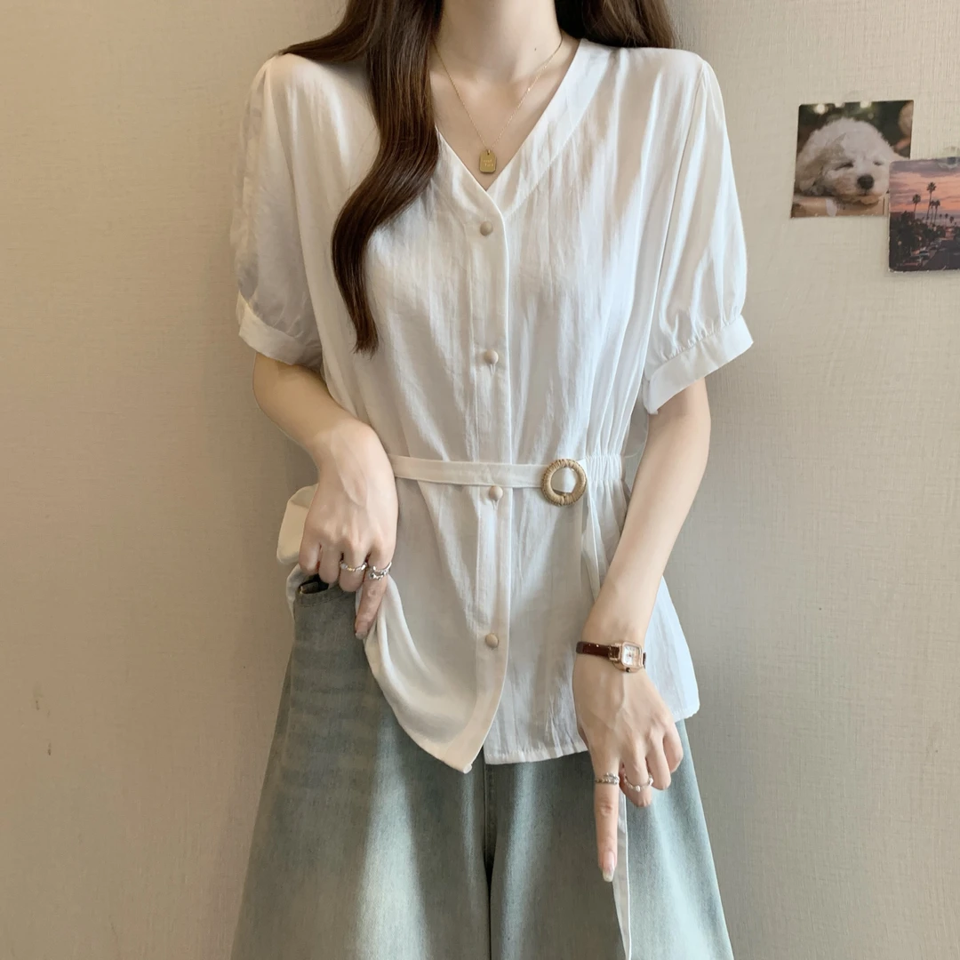 女士气质上衣V领掐腰短袖T恤女装夏装温婉大方显瘦独特漂亮小衫