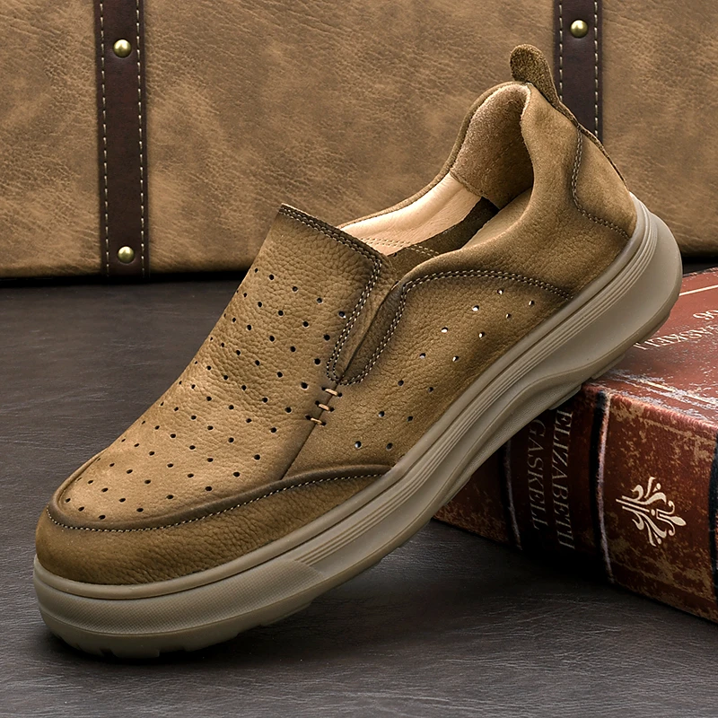 夏季新款镂空头层牛皮真皮男鞋休闲透气打孔百搭男士皮鞋轻舒适鞋