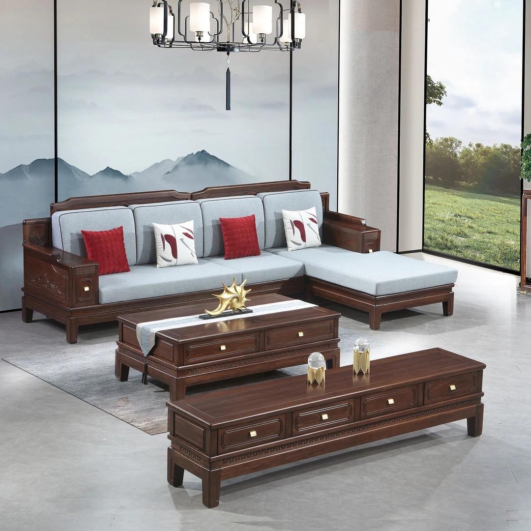 可移动新中式中国风卯榫实木沙发茶几电视柜新古典榆木质地储物