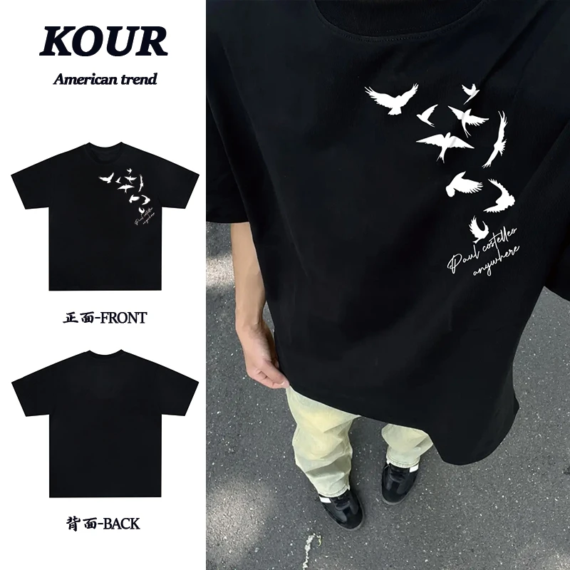 美式高街复古英文和平鸽印花上衣重磅纯棉宽松百搭短袖T恤情侣款