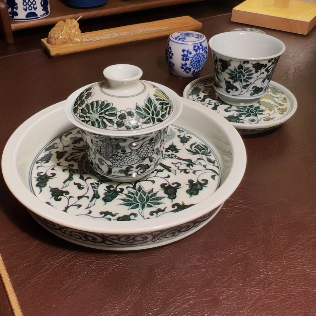 摆件瓷精品手绘郎窑绿茶具套装福利价