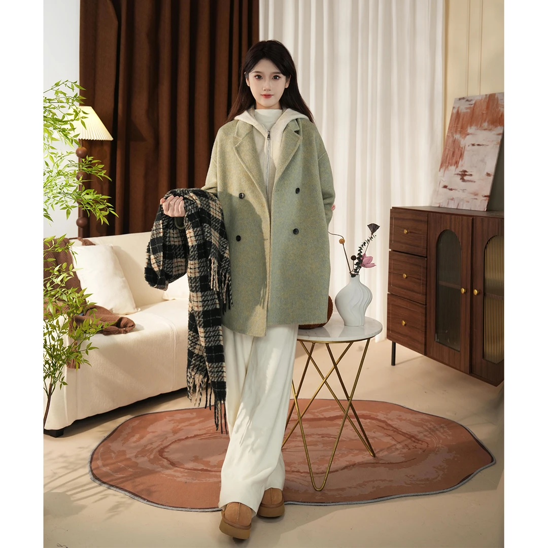 法式慵懒风双排扣翻领宽松廓形羊毛大衣加马长短款组合