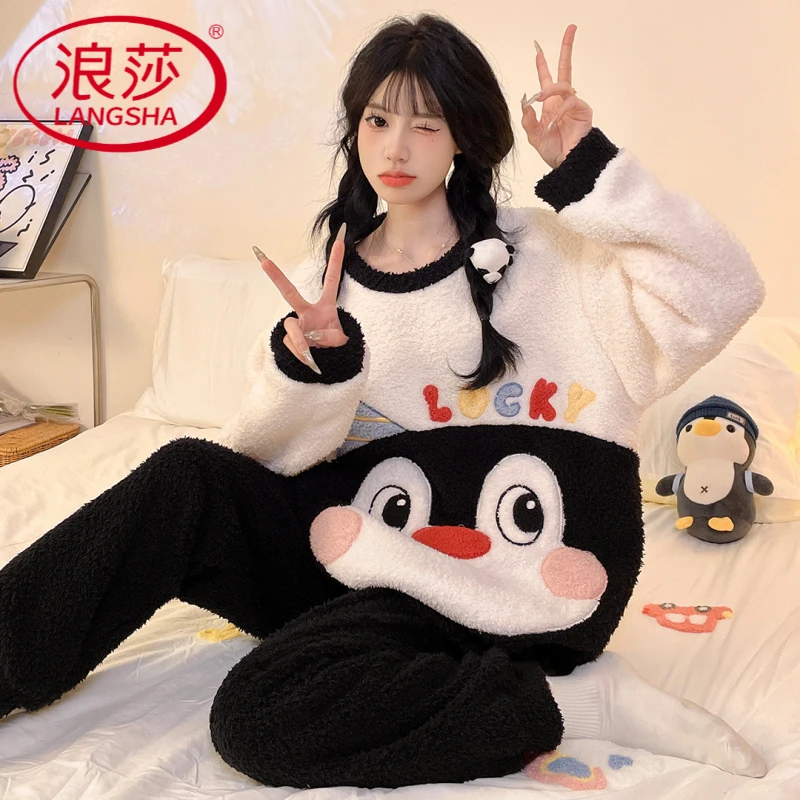 浪莎2025卡通睡衣女秋冬季半边绒甜美保暧女士睡衣可外穿家居服套