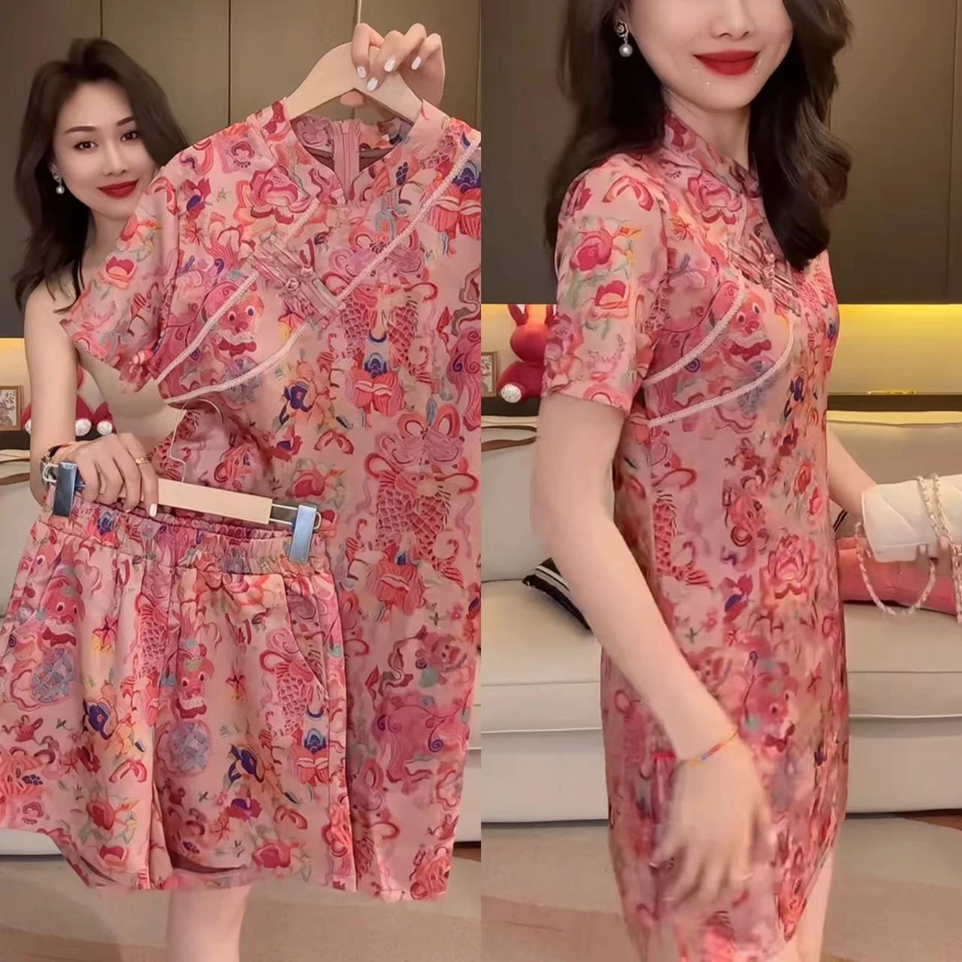 时尚夏季碎花中长款国风套装