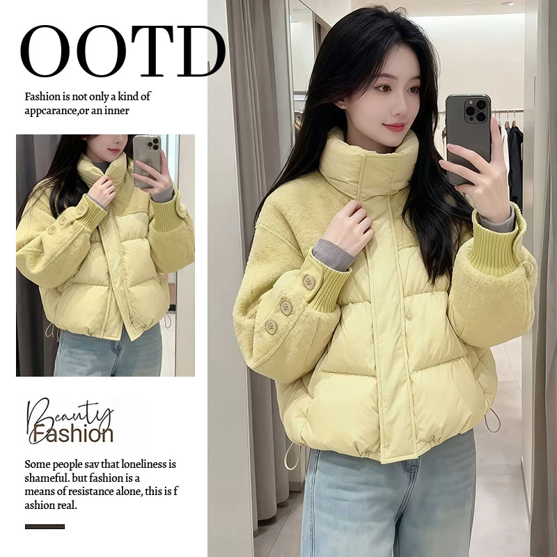 超好看立领短款羽绒棉服女冬季2025新款设计感毛呢拼接面包服外套
