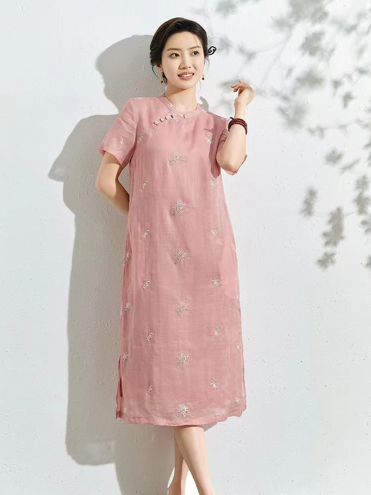 国风刺绣改良旗袍文艺温婉棉麻短袖立领气质连衣裙