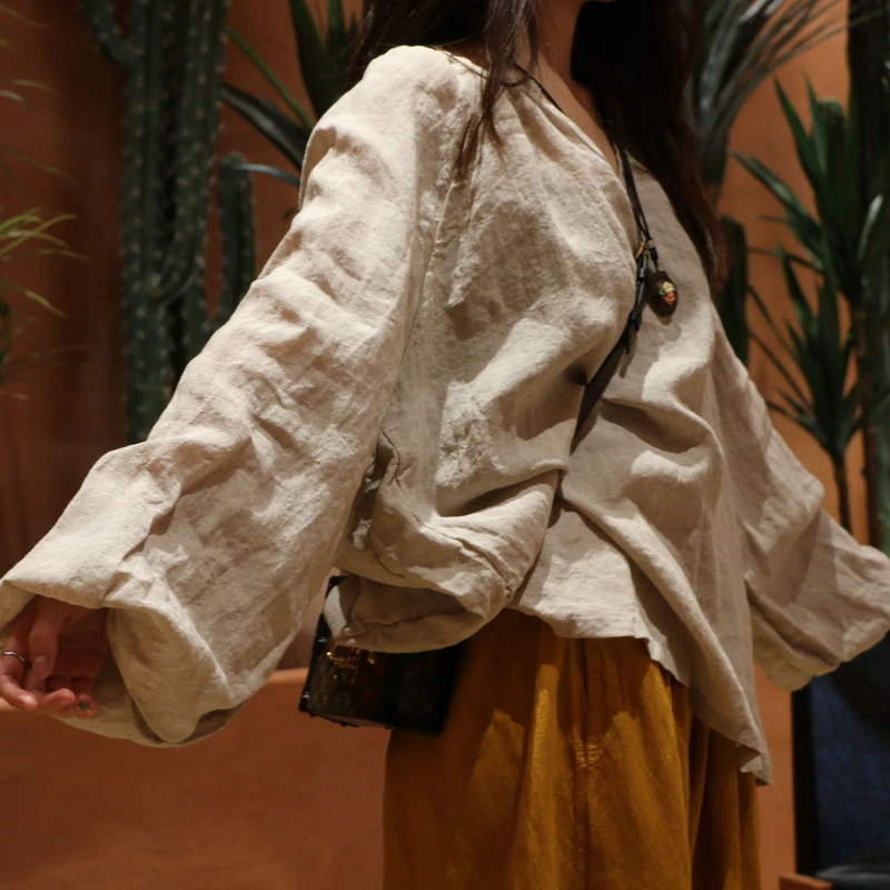 aka1679-A54纯亚麻雨露麻宽松上衣简约麻料T恤女休闲套头衫三季款