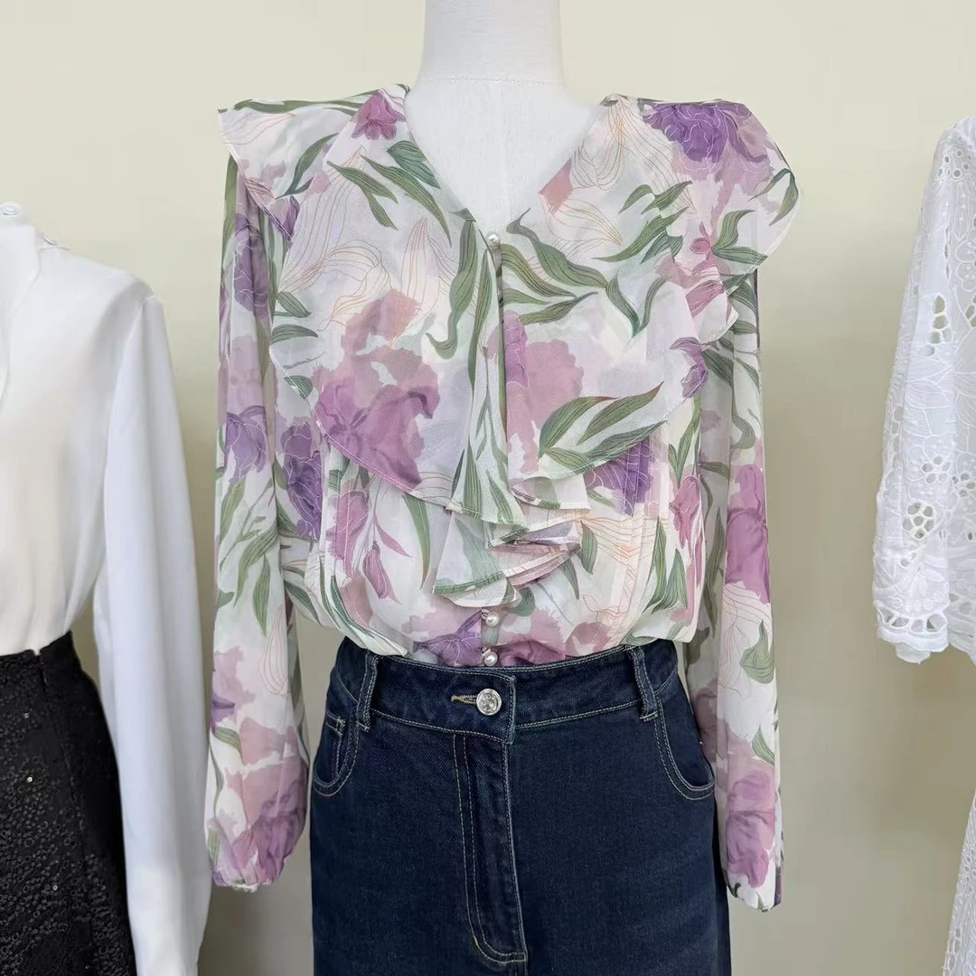 2025春新款衬衣韩国女装时尚娃娃领荷叶边高品质设计感气质衬衫女