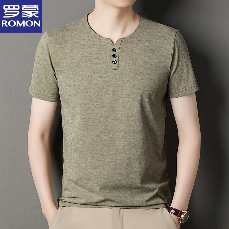罗蒙薄款透气男士纯色短袖T恤衫简约百搭中青年宽松休闲上衣男装