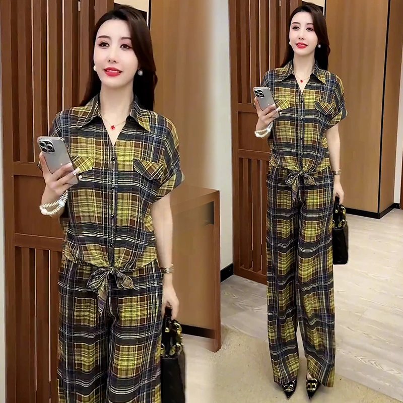 设计感复古格子短袖套装女2025年夏季新装休闲百搭阔腿裤两件套潮