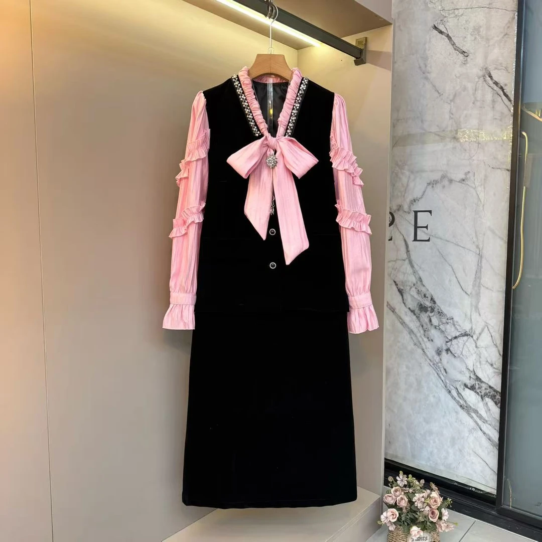 2025欧货时尚显瘦简约名媛风轻奢糖果色气质内搭+马甲裙套装7228