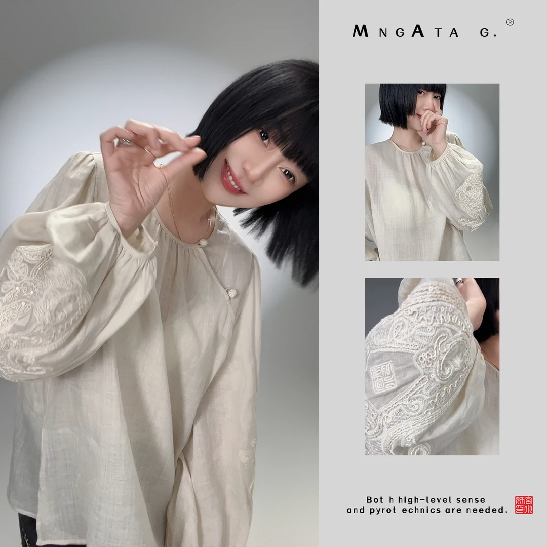 MNGATA G.宫小妍【雨露茶花】苎麻25秋新中式中国风刺绣上衣4122459