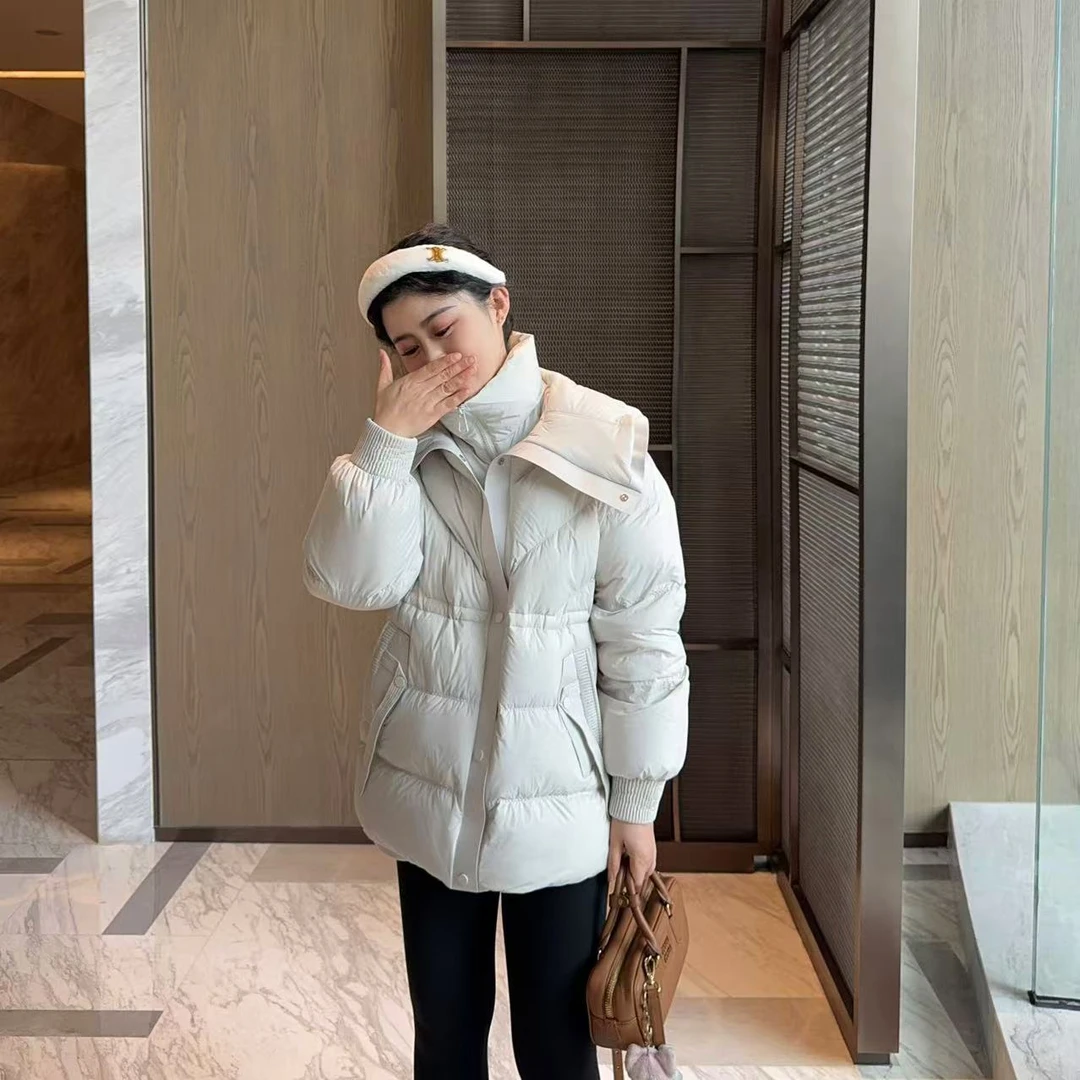 玳妮【双层小暖炉】冬季防风双领收腰抽绳羽绒服气质中长蓬松面包服