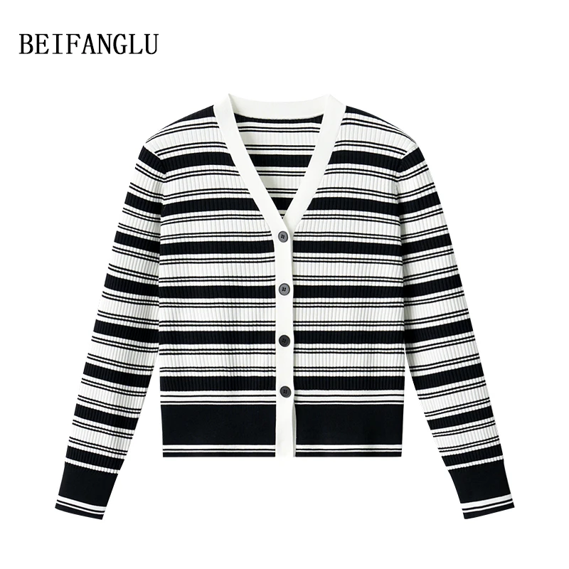 北方鹿【棉三醋酯】商场髙货早秋新品气质V领条纹女针织开衫251067